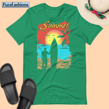 "Brighten up your summer wardrobe with our vibrant kelly green tee! Featuring the word 'Summer' in bold lettering, complemented by a picturesque tropical beach scene and the silhouette of a relaxed surfer holding a surfboard. This eye-catching design exudes laid-back coastal vibes. Available now at PuraFashions.com. Don't miss out!"