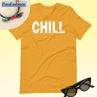 "Radiate relaxation in our mustard yellow 'CHILL' tee! Effortlessly cool and perfect for those casual days. Available at PuraFashions.com 🌟 #StayChill #FashionForward"