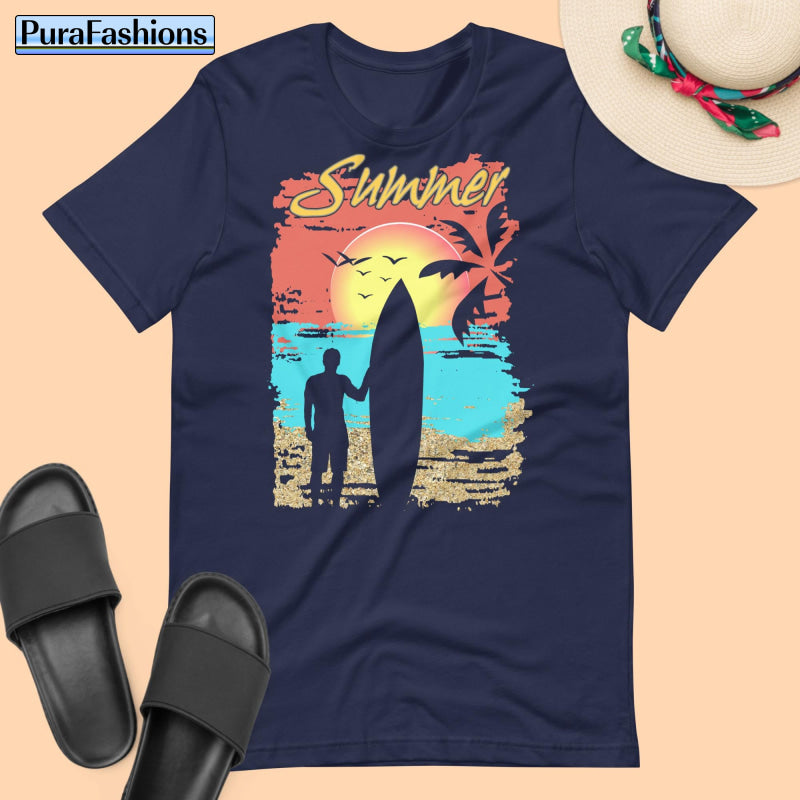 "Embrace the cool hues of summer with our navy blue tee! Featuring the word 'Summer' in bold lettering, set against a serene tropical beach backdrop and adorned with the silhouette of a laid-back surfer holding a surfboard. This stylish design captures the essence of beachside relaxation. Available now at PuraFashions.com. Grab yours today!"