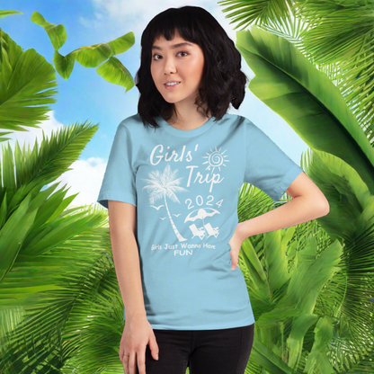 "Dive into Adventure: Girls Trip 2024 Edition! Make waves in our stunning ocean blue tee featuring the exclusive Girls Trip 2024 design. Find your perfect shade of blue at PuraFashions.com and embark on unforgettable journeys in style!"