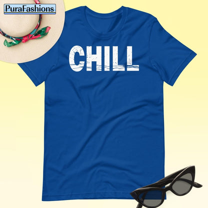 "Stay cool and stylish in our royal blue 'CHILL' tee! Perfect for laid-back days. Available now at PuraFashions.com 💙 #RelaxInStyle #ChillVibes"