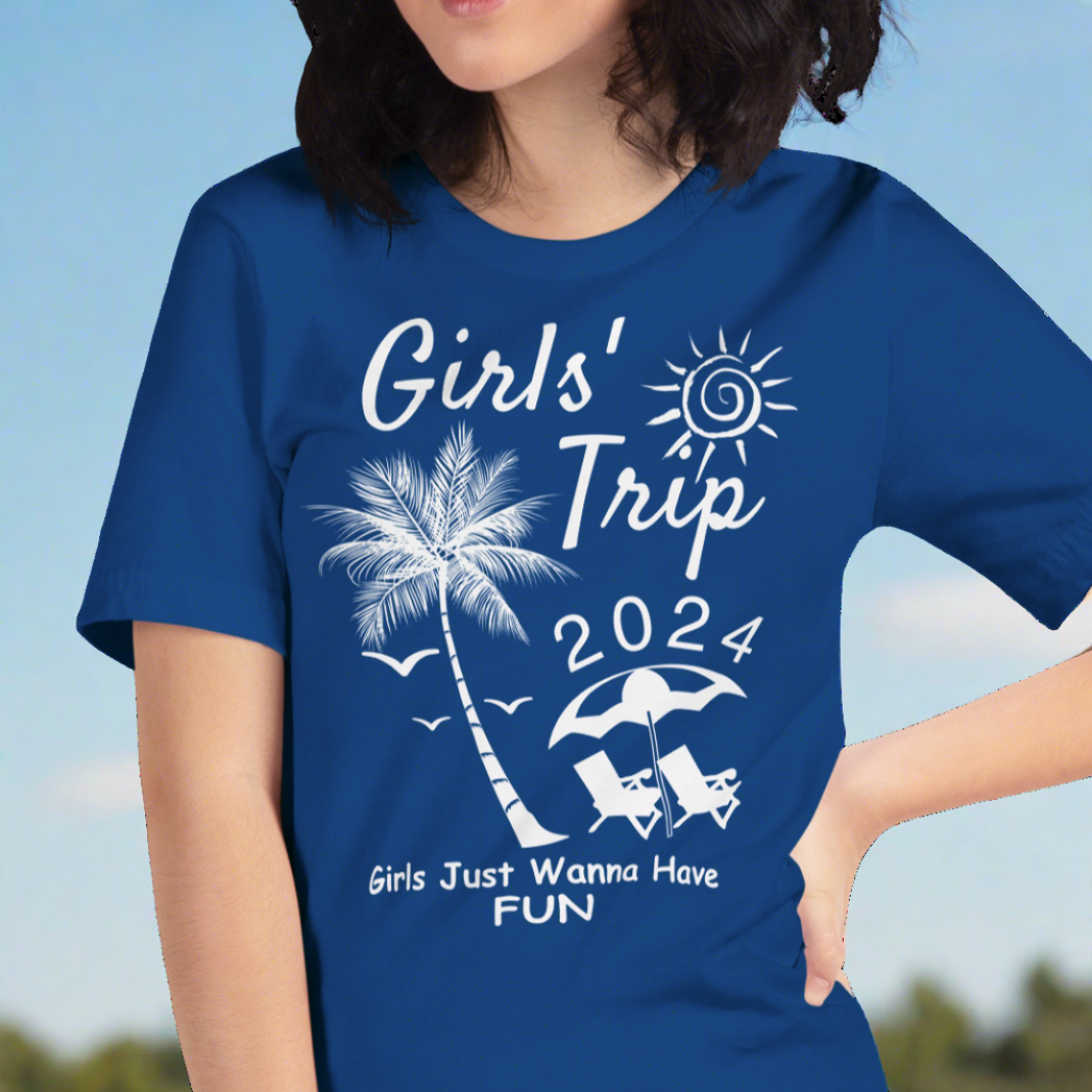 "True Blue Adventures: Girls Trip 2024 Edition! Stand out in style with our vibrant true blue tee featuring the exclusive Girls Trip 2024 design. Dive into the excitement at PuraFashions.com and let your journey begin!"
