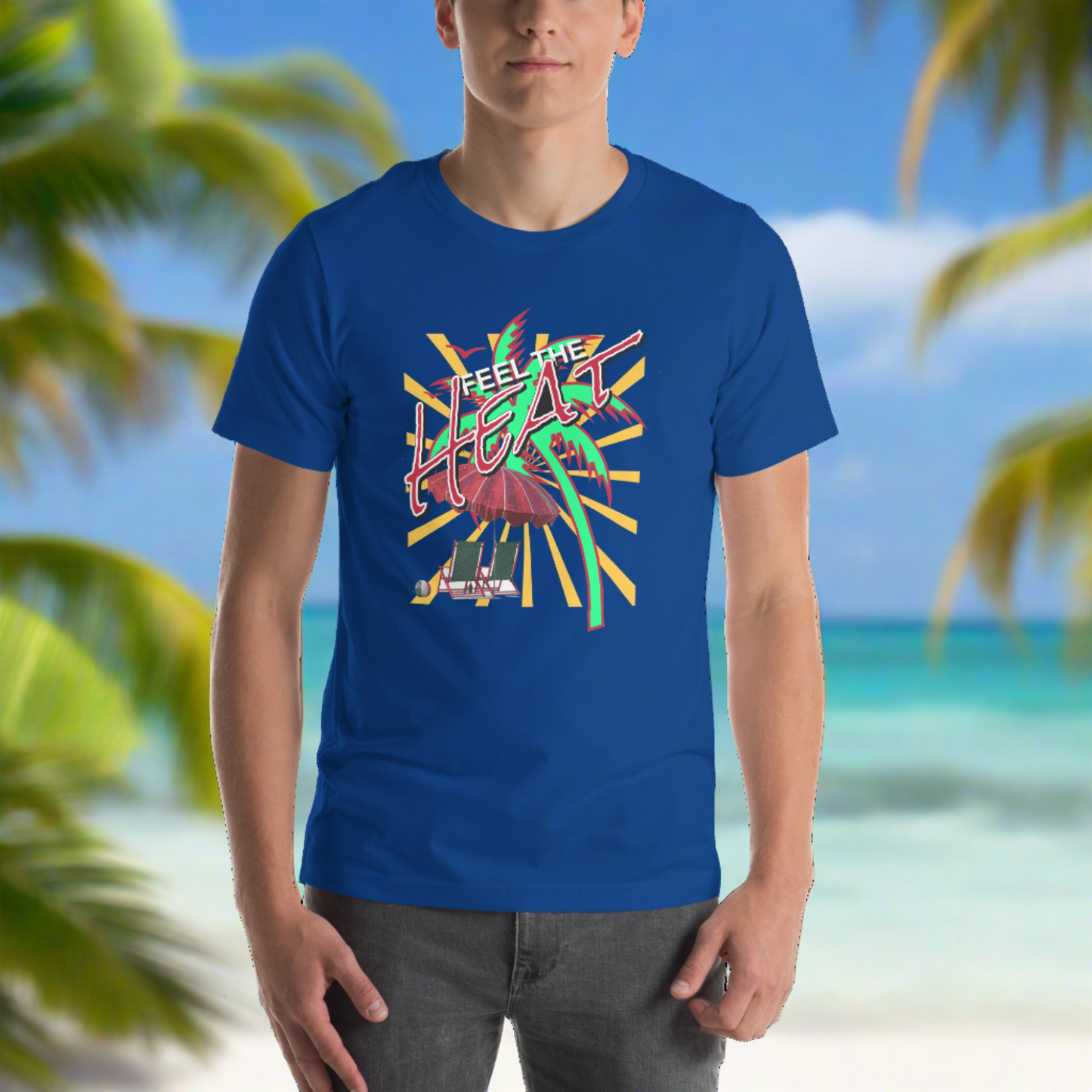 "Royal Blue Serenity: Dive into Summer with our 'Feel the Heat' Tee! 💙🌴 Available at PuraFashions.com 🔥 #TropicVibes #BeachLife #SummerEssentials"