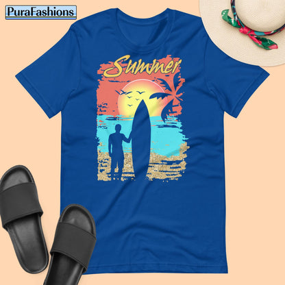 "Elevate your summer style with our royal blue tee! Featuring the word 'Summer' in bold lettering, set against a stunning tropical beach backdrop and adorned with the silhouette of a laid-back surfer holding a surfboard. This vibrant design captures the essence of beachside bliss. Available now at PuraFashions.com. Get yours today!"