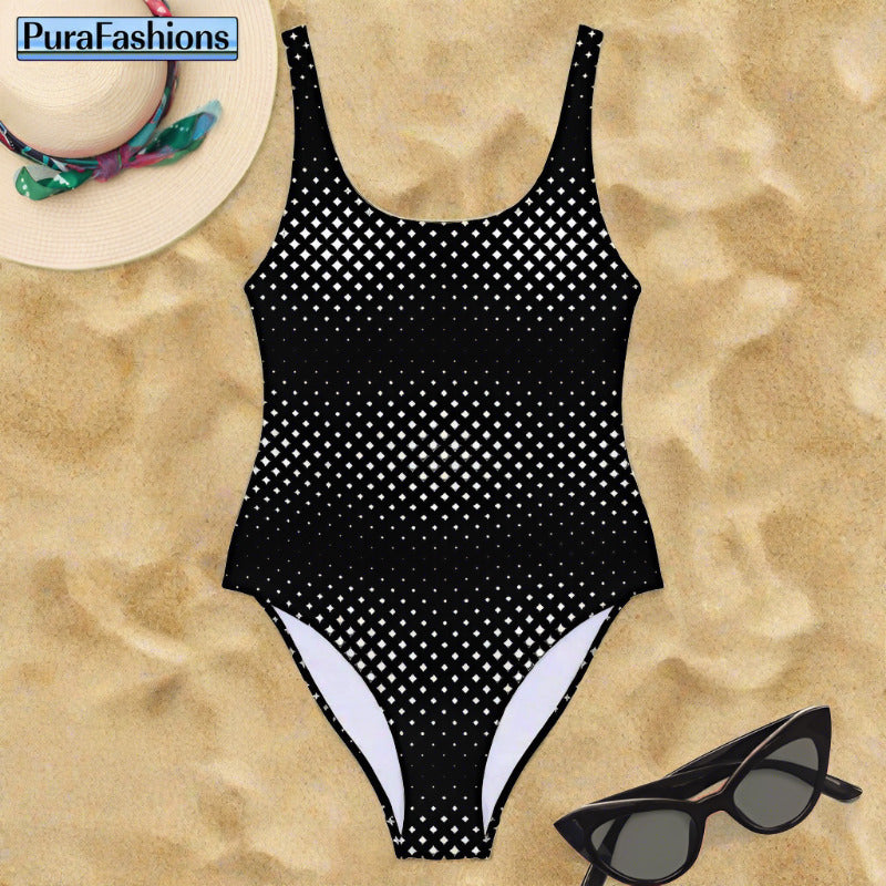 "Star-studded elegance: PuraFashions.com presents a black one-piece swimsuit adorned with a subtle white star pattern, laid flat to showcase its sophisticated design and timeless allure."