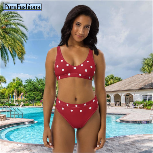 Ruby Red with White Polka Dots High Waist Bikini | PuraFashions.com