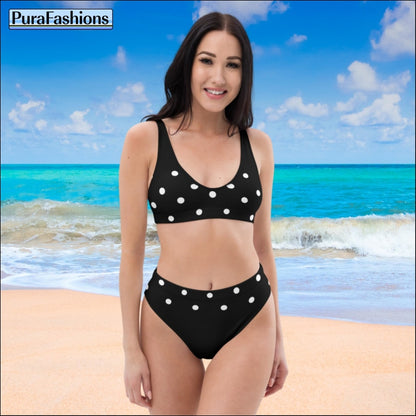 White Polka Dots on Black High Waist Bikini ! PuraFashions.com