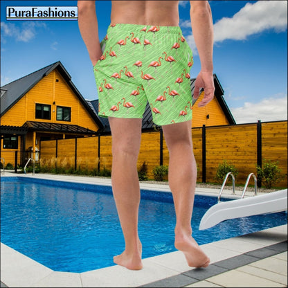 Men's Flamingos on Green Swim Trunks | PuraFashions.com