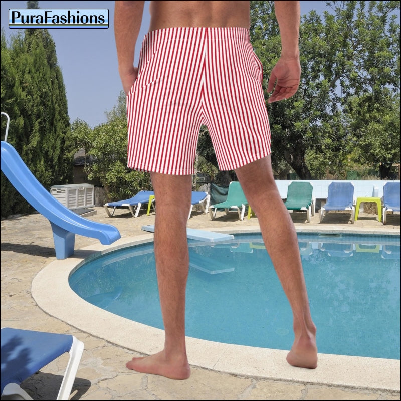 Men's Vertical Stripes on Red Swim Trunks | PuraFashions.com