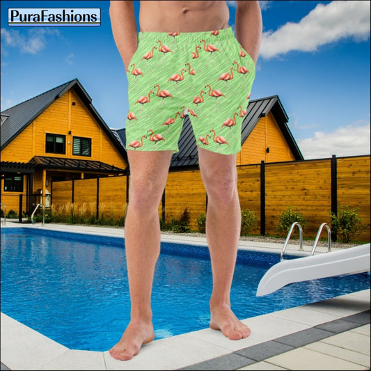 Men's Flamingos on Green Swim Trunks | PuraFashions.com