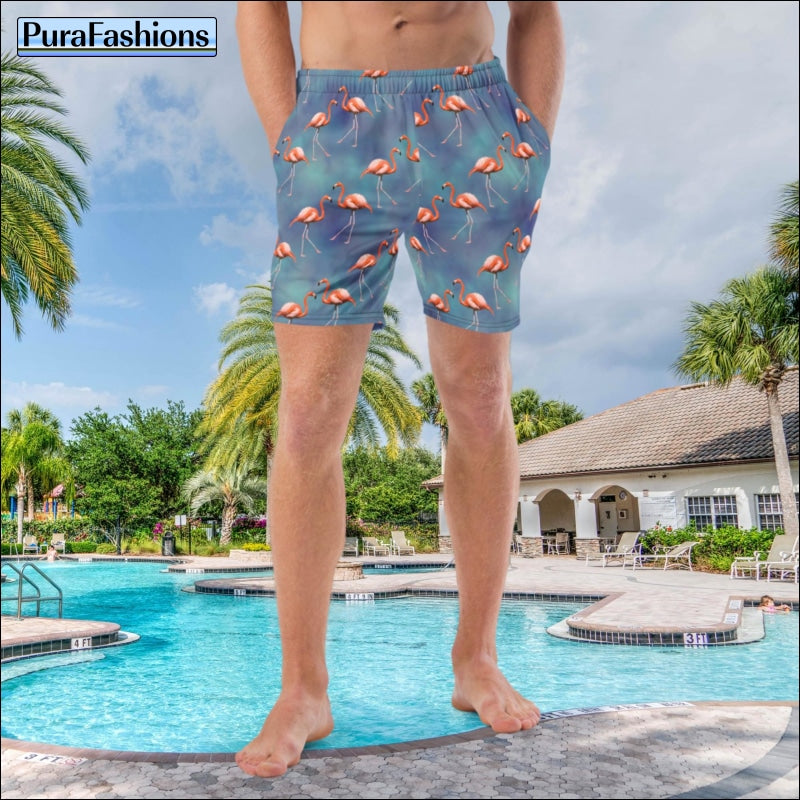 Men's Flamingos on Blue Sky Swim Trunks | PuraFashions.com
