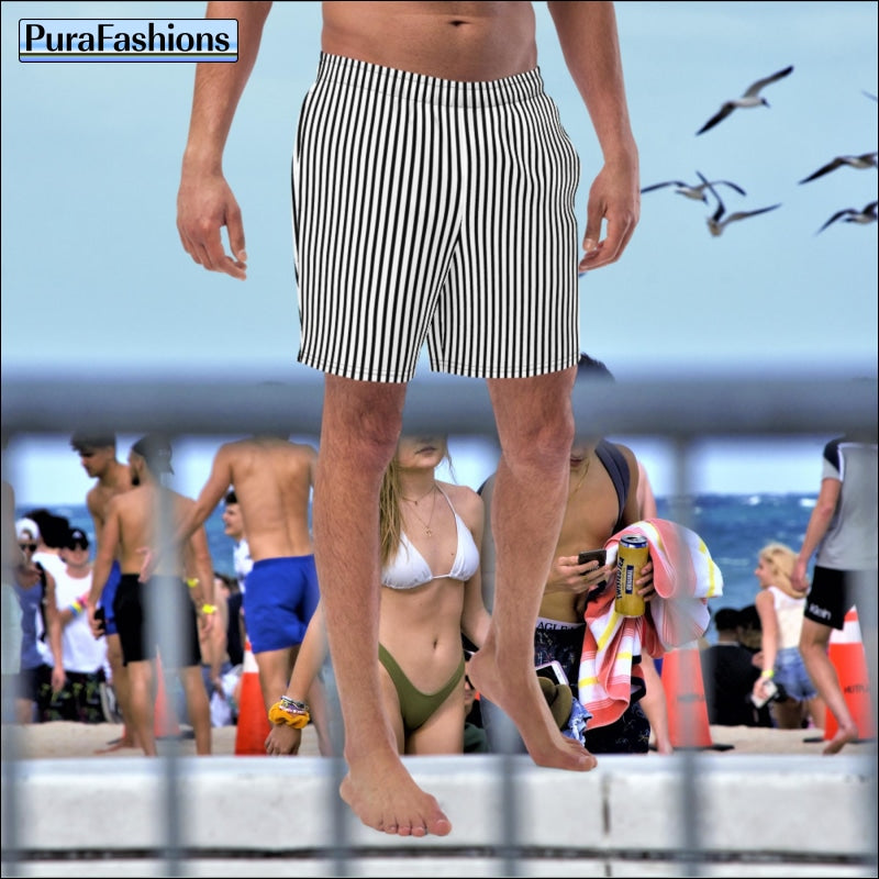 Men's Black White Vertical Stripes Swim Trunks | PuraFashions.com