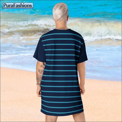 Navy Blue Stripe T-shirt Cover Up Dress | PuraFashions.com