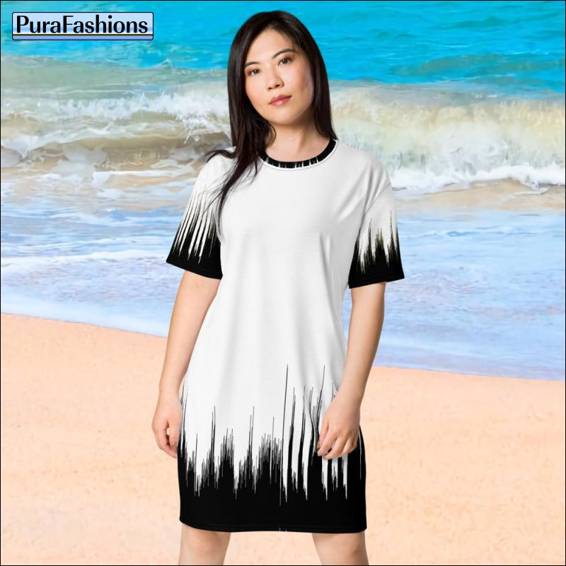 White Black Trim T-shirt Beach Cover Up Dress | PuraFashions.com