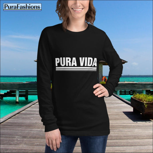 "Capture the essence of 'Pura Vida' with this sleek black long sleeve tee. Embrace the mantra of living life to the fullest with our stylish and comfortable design. Elevate your wardrobe with this timeless piece, available now at PuraFashions.com!"